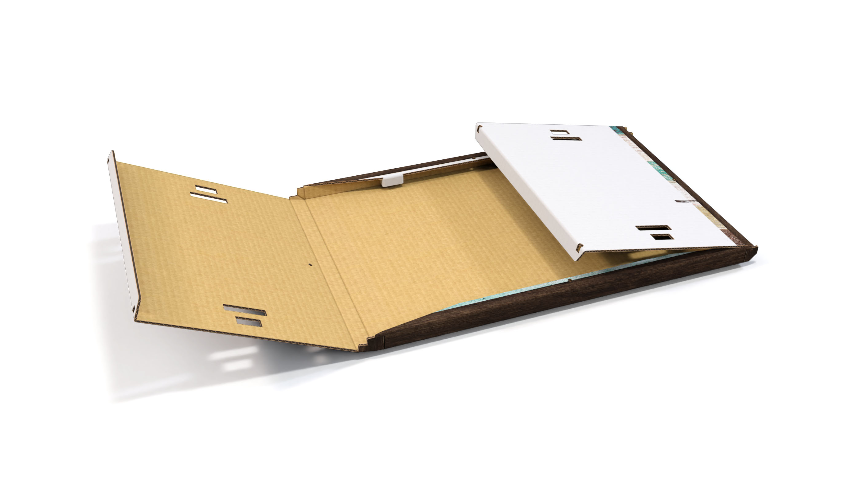 Corrugated photo tile semi-folded to show ease of use and sustainable material quality